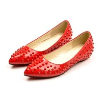 Trendy Pointed Toe Rivets Red PU Low-Tops Flats