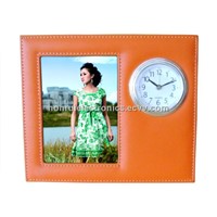 PU Leather photo frame with clock