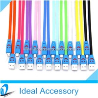 Flashing LED Smile Face USB Data Cable Sync Charging Flat Noodle Cable for iPhone/Samsung/HTC etc