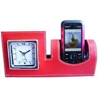 PU leather phone holder with clock