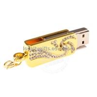 Metal Crystal Gold Stainless steel rotary Key Chain USB 2.0 Flash Drive 8GB 16GB 32GB Memory Stick