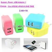 Super fast USB charger 2.4A+1A  charge IPAD+ IPHONE together