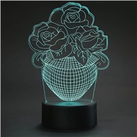 Rose in Vase Pattern LED Night Lamp 7 Colors 3D Flash Light Acrylic USB Or Battery Powered Atmospheric Light With ABS Stand