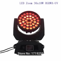 2 pcs/lot LED Zoom Wash 36x18W RGBWA+UV Color DMX Stage Touch Screen,LED Moving Head Wash Light Good for DJ