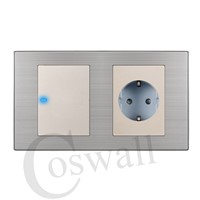 Coswall 16A EU Standard Wall Socket + 1 Gang 1 Way Push Button Light Switch With LED Indicator Stainless Steel Panel 160*86mm