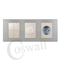 Coswall 4 Gang 2 Way Push Button LED Light Switch + Dimmer With 16A EU Standard Wall Socket Stainless Steel Panel 236*86mm