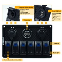 WEISIJI 1PSC LED Switch DIY With 1/2.1A Dual USB Slot Socket+Cigarette Lighter LED Rocker Switch 12/24V 6 Gang 5pin Switch Panel