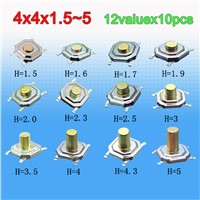 12valuesx10pcs=120pcs Tact Switch Kit 4*4*1.5~5mm SMD Waterproof Tactile Push Button Switches 4x4 mm Micro Switch