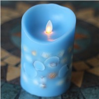 Embedded Shell Moving Wick/Dancing Flame LED Paraffin Wax Candle, Light Blue, 3.5&quot;D X 5&quot;H, Remote Controller