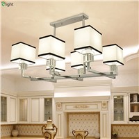 Modern Lustre Chrome Metal Foyer Led Chandelier Lighting Square Fabric Shades Dining Room Led Ceiling Chandeliers Light Fixtures