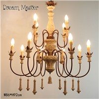 French country antique solid wood art lamps  living room old wrought iron double layer restaurant lamp bedroom villa chandeliers