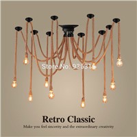 Hemp Rope Chandelier Antique Classical Adjustable Diy Ceiling Spider Lamp Light Retro Pedant Lamp for home 5-16heads
