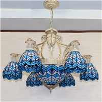 Blue Pteris Shape Tiffany Chandelier European Vintage Glass Suspension Light Bar Cafe Hanging Lamp Pendientes Lustre