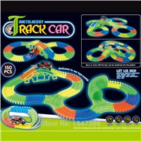 150PCS Slot DIY Diecast Flashing glow race track Bend Flex Roller Luminous glowing electric race track with  LED light up car