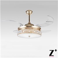 American modern Style Led lights 4 Collapsible fan Crystal Chandelier Remote Control Polished Gold 42&amp;amp;quot; light color adjustable