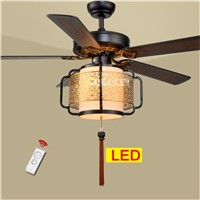 New HS030 Ceiling Fan Lights Living Room Bedroom Lights 5 Wooden Lanterns LED Mute Remote Control Fan with Lamp 220v/110v 70W