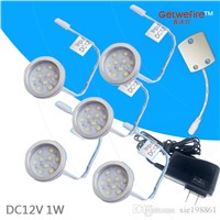 NEW DC 12v 5pcs 1W LED Puck/Cabinet Light,LED spotlight+1pcs connector line+12v 1a power,free shipping
