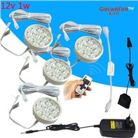 Dimmable 3-5pcs DC 12v 1W LED Puck/Cabinet Light,LED spotlight+connect wire +12v 12A RF led dimmer+12v 1a adapter