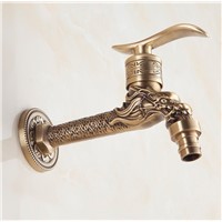 2016 Long Garden Use Bibcock Faucet Tap/ Antique Brass  Euro Art carving Bathroom Wall Mount Washing Machine Water Faucet Taps