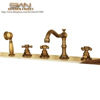 Antique Brass Deck Mount Five PCS Bathroom Faucet Bathtub Basin Sink Mixer Tap Cold Hot Water taps With Hand Shower Head 5 Hole