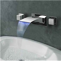 Modern Chrome Finish Waterfall Wall Mount 3 Colors LED Bathroom Sink Faucet  Dual Handle Mixer Tap