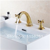 Basin Faucets Polished Gold Brass Modern Bathroom Sink Faucet Double Cross Handle 3 Hole Bathbasin Counter Mixer Taps HJ-6726K