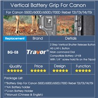Travor Battery Grip Holder for Canon 550D 600D 650D 700D Rebel T2i T3i T4i T5i work with LP-E8 battery replacement BG-E8