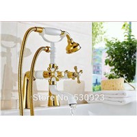 Newly Solid Brass Bathroom Tub Faucet White Paitnign Baked Mixer Tap Golden Polished Dual Handles W/ Hand Shower Deck Mount