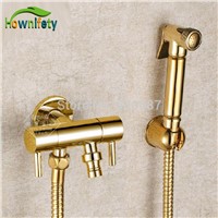 New Gold Plate Bathroom Soild Brass Wall Mount Dual Handles Bidet Faucet