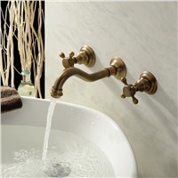 Modern Antique Brass Finished Wall Mounted Bathroom Basin Mixer Faucet Dual Handles 3 holes
