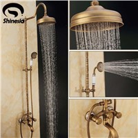 New 8&amp;amp;quot; Rainfall Shower Head With Ceramics Handheld Shower Antique Brass Shower Set Faucet Mixer Tap Wall Mounted Dual Handles