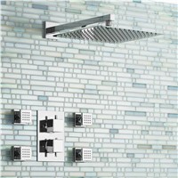 12&amp;amp;quot; Thermostatic Faucets Square Mixer Shower Ultra Thin Head with Chrome Bathroom Massage Body Jets