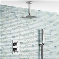8&quot; Ceiling Square Thermostatic Mixer Shower Ultra Thin Head Bathroom Chrome Valve Set