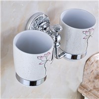 Chrome Finish Bathroom Dual Flower Painted Ceramic Cups Toothbrush Holder