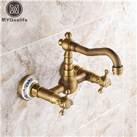 Antique Brass Dual Handles Bathroom Kitchen Sink Faucets Wall Mounted Swivel Spout Two Holes Kitchen Mixer Taps