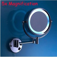 5X Magnification Led mirror brass cosmetic mirror wall mounted bathroom beauty mirror double faced retractable makeup mirror