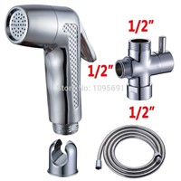 Bathroom ABS chrome Hand held Bidet Toilet Shattaf Kit Sprayer Shower Set +G1/2  Brass T-adapter+ 1.5m hose + ABS wall bracket