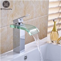 Chrome Glass Waterfall Spout Basin Sink Faucet Deck Mount Bathroom Mixer Taps Chrome Finish with Hot and Cold Water
