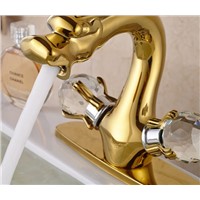 Golden Brass Dragon Shape Bathroom Basin Faucet Two Crystal Handles Mixer Tap With Cover Plate