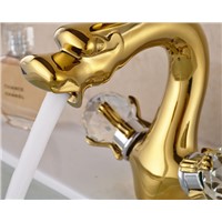 Golden Brass Dragon Shape Bathroom Basin Faucet Two Crystal Handles Mixer Tap