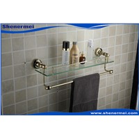 2015 Top sale Single Glass Shelf Golden Brass Made Base Towel Shelf Double-deck Space Towel Rack for Bathroom Accessories