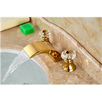 Golden Brass Roman Waterfall Bathroom Basin Faucet Crystal Handles Vanity Sink Mixer Tap Hot And Cold Mixer