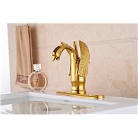 Luxury Bathroom Hot and Cold Basin Mixer Faucet Gold plated Swan Washbasin Faucet + 3 Hole Cover Plate
