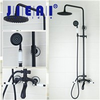 JIENI Oil Rubbed Bronze Bathroom Shower Faucet Set 8&amp;amp;quot; Rainfall Shower Head +Heldhead Bathtub Mixer Tap Torneira Double Handles