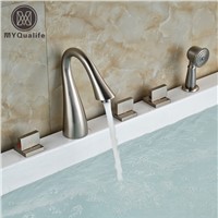 Brushed Nickel 3 Square Handles Bathtub Faucet Deck Mount Tub Shower Mixer Tap with Handshower 5 Holes