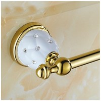 Gold Finish Brass Bathroom Towel Rack Holder With Diamond Ceramic Base W/ Hook Hangers Wall Mounted