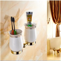 Wholesale And Retail Golden Brass Diamond Ceramic Base Tooth Brush Cup Holder Tumbler Holders With Dual Ceramic Cups