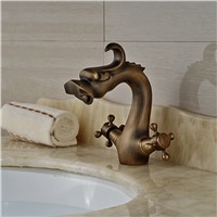 Wholesale And Retail Luxury Antique Brass Bathroom Basin Faucet Cross Handles Dragon Vanity Sink Mixer Tap Single Hole