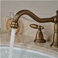 Deck Mount Long Spout Bathroom Sink Basin Mixer Faucet Dual Handle 3 Holes Water Taps Antique Brass Finished