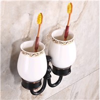 Wholesale And Retail Luxury Oil Rubbed Bronze Flower Carved Tooth Brush Holder W/ Dual Ceramic Cups Wall Mounted